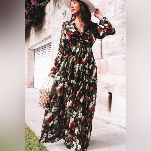 NWOT Amazon V-neck Long Sleeve Sheer Floral Maxi Dress, Women’s L Ruffle trim - Picture 1 of 9